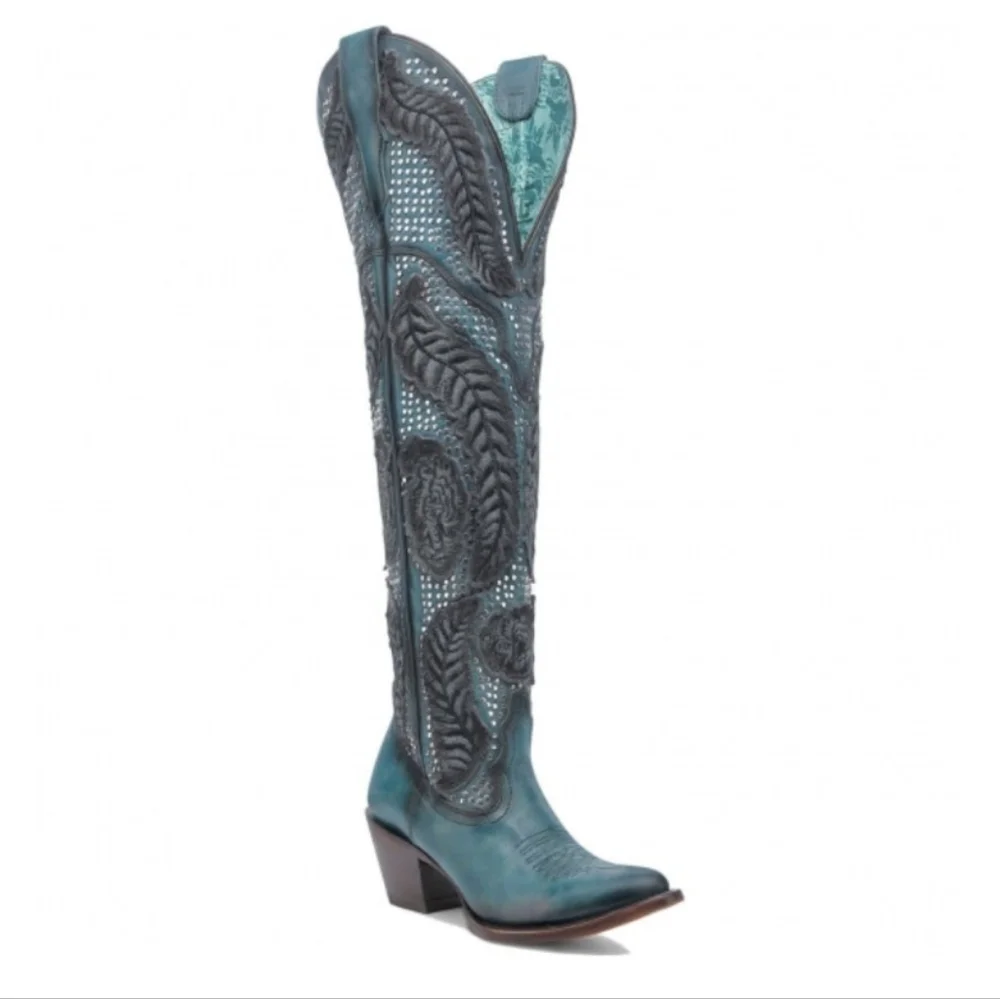 CORRAL Willow Over The Knee  Black & Turquoise Western Boots ~3” Heel Inside Zip - Picture 3 of 16